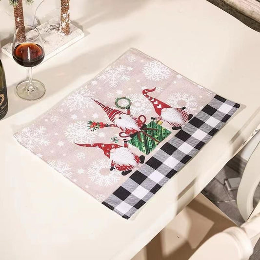 Merry Christmas Gnome Table Placemat Black White Plaid