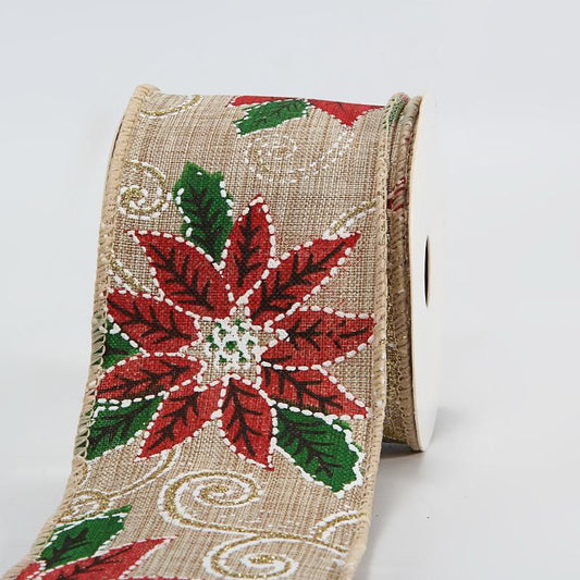 Poinsettia Print Burlap Ribbon  Wired Christmas Decor 45 Meters