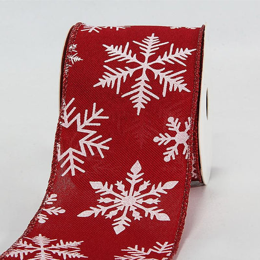 Red and White Snowflake Wired Fabric Ribbon 45 Meters