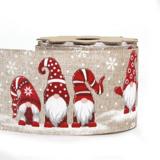 Red Gnome Christmas Burlap Ribbon Wired Decor Roll 22Meters