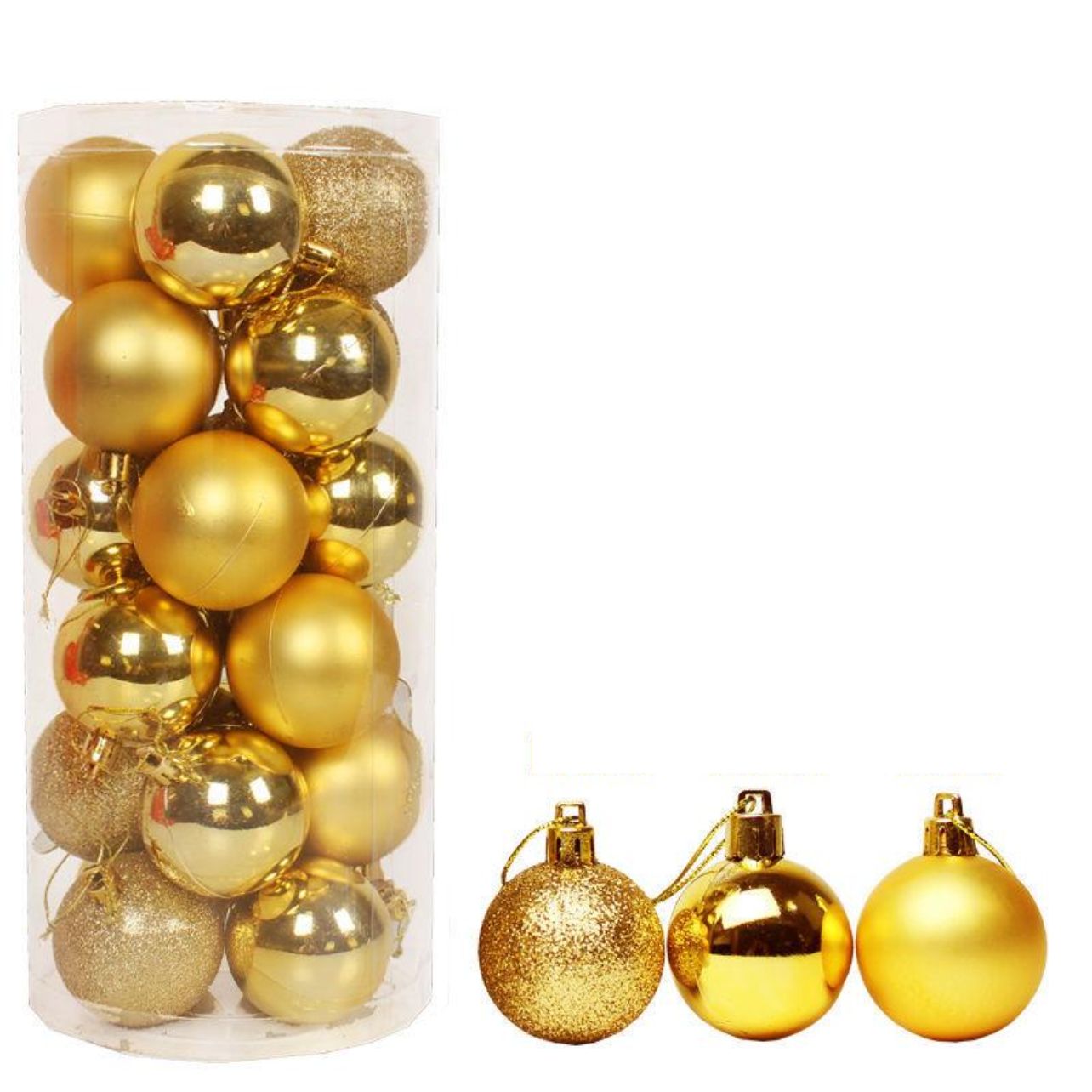 Set of 24 Gold Christmas Balls Ornaments in Glitter, Matte, and Shiny Finish
