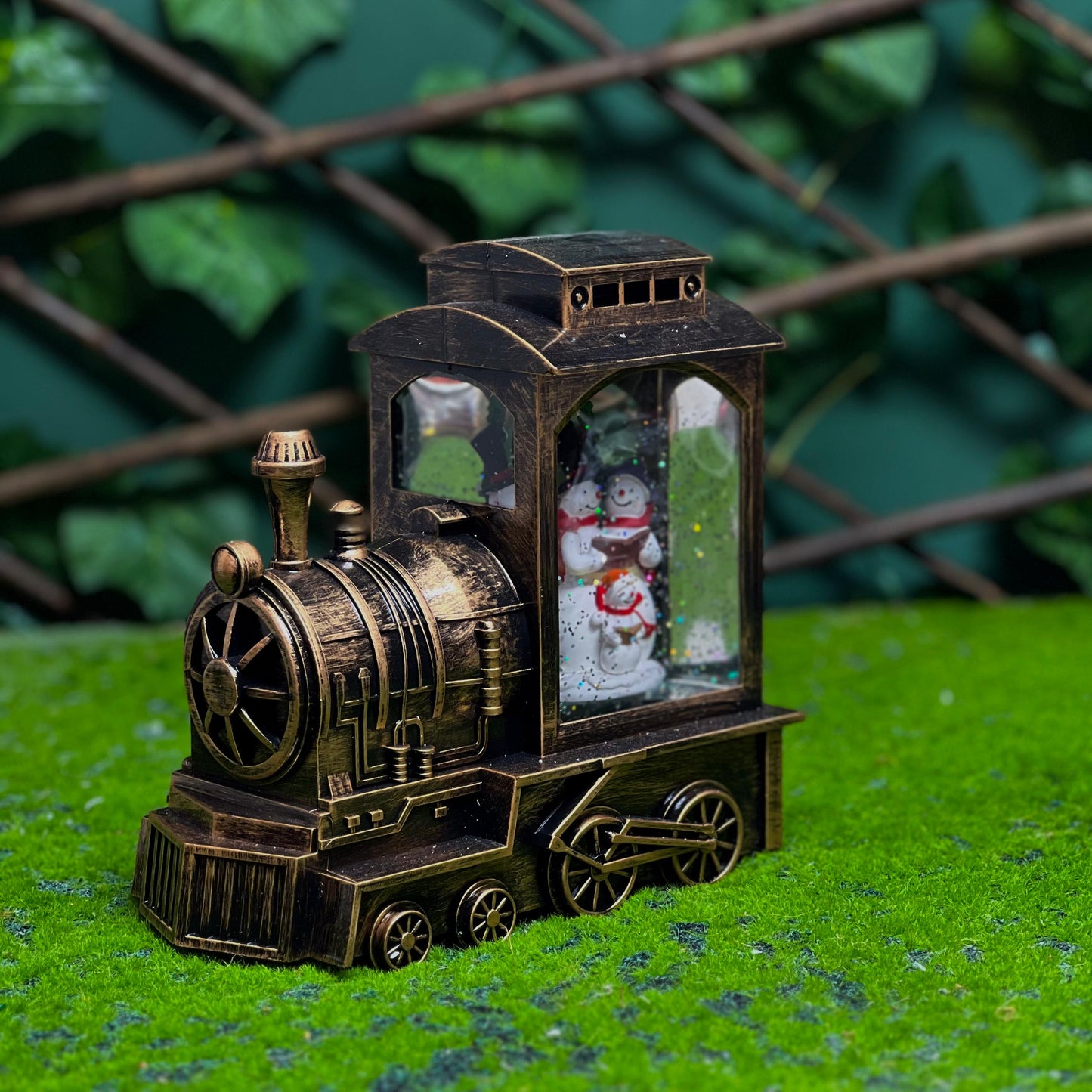 Vintage Black Train Snow Globe Lantern – Santa Scene (6.75")