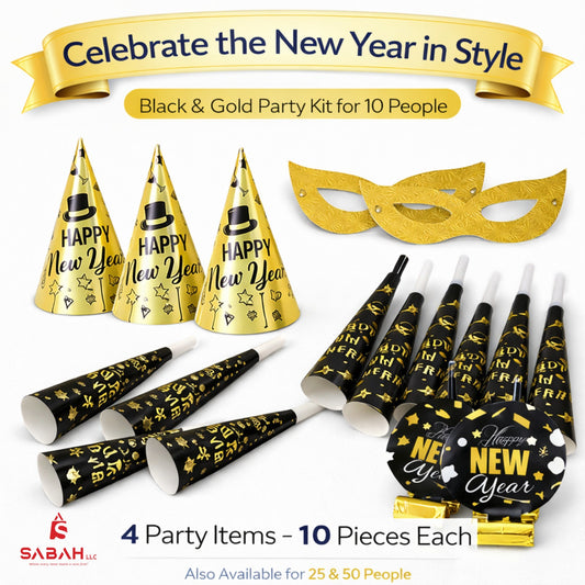 Black and Gold New Year Party Kit for 10 People
