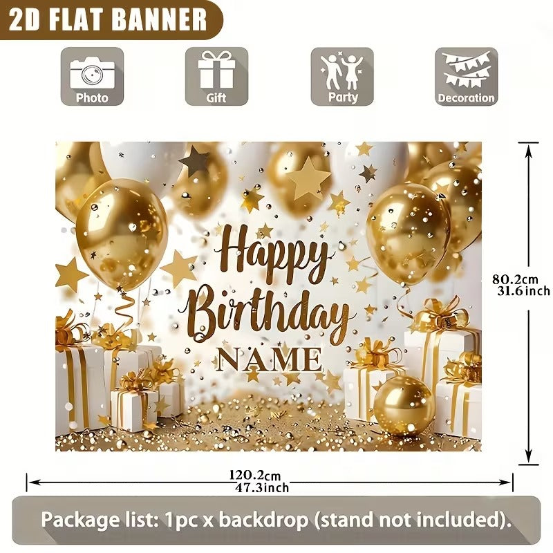 Gold Happy Birthday Personalized Photo Backdrop Banner