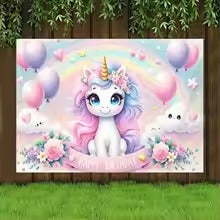 Unicorn Birthday Party Backdrop – Rainbow Unicorn Kids Decoration Banner