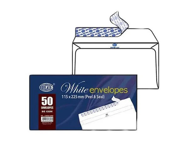 FIS White Envelopes 115 × 225 mm – Peel & Seal (Pack of 50)