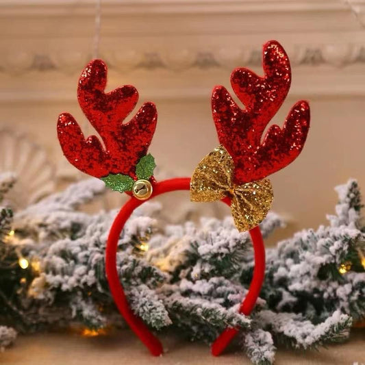 Glitter Reindeer Antlers Headband with Jingle Bell and Festive Bow (3 Pcs)