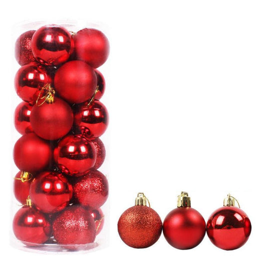 Pack of 24 Red Christmas Tree Ornaments – Gloss, Matte & Glitter Finish