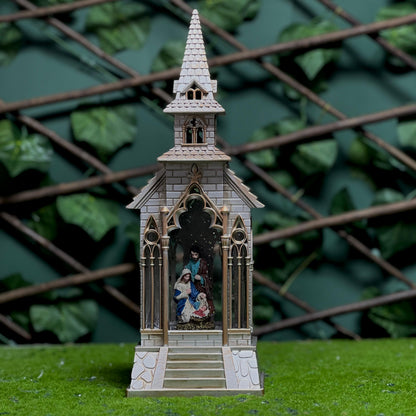 Church with Nativity Scene, Battery Operated Lighted Spinning Water Globe.