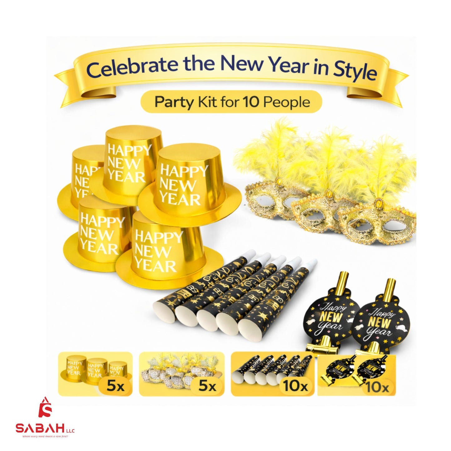 Gold New Year Party Kit – 10 Person Premium Celebration Set