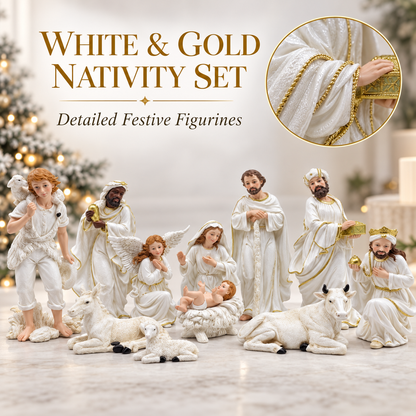 White & Gold Christmas Nativity Figurine Set – 30 cm