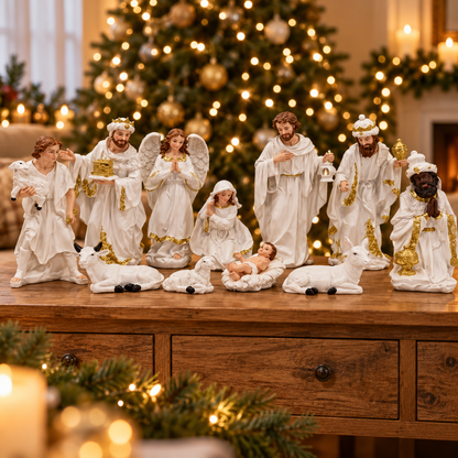 White & Gold Lantern Christmas Nativity Figurine Set – 16.5 cm
