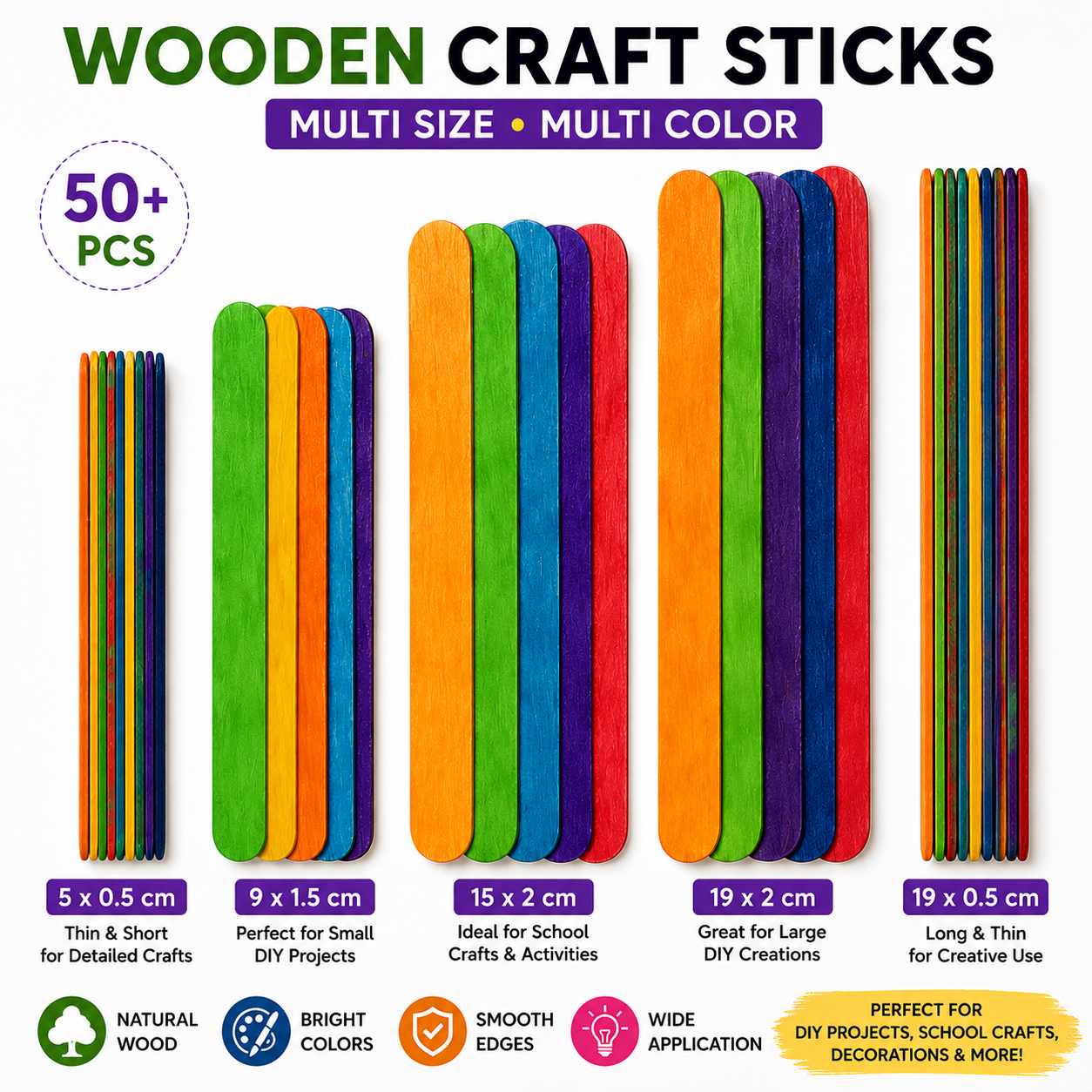 Colored Wooden Craft Sticks for DIY Art Projects and School Crafts Variations