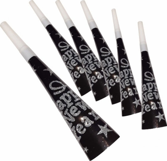 Happy New Year Party Blow Horns – Black, Pack of 6