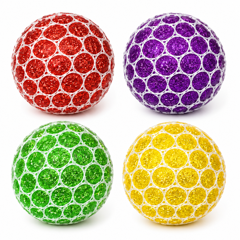 4 PCS Glitter Mesh Stress Balls Set – Colorful Squishy Fidget Sensory Toys for Kids & Adults