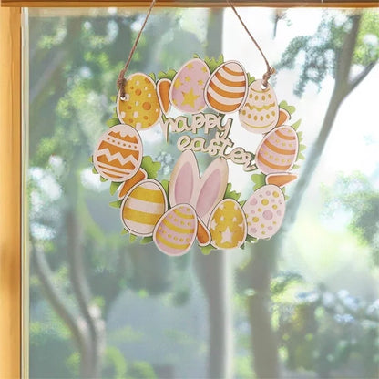 Happy Easter Bunny Wreath Hanging Decor – Wooden Egg Door Sign 15cm
